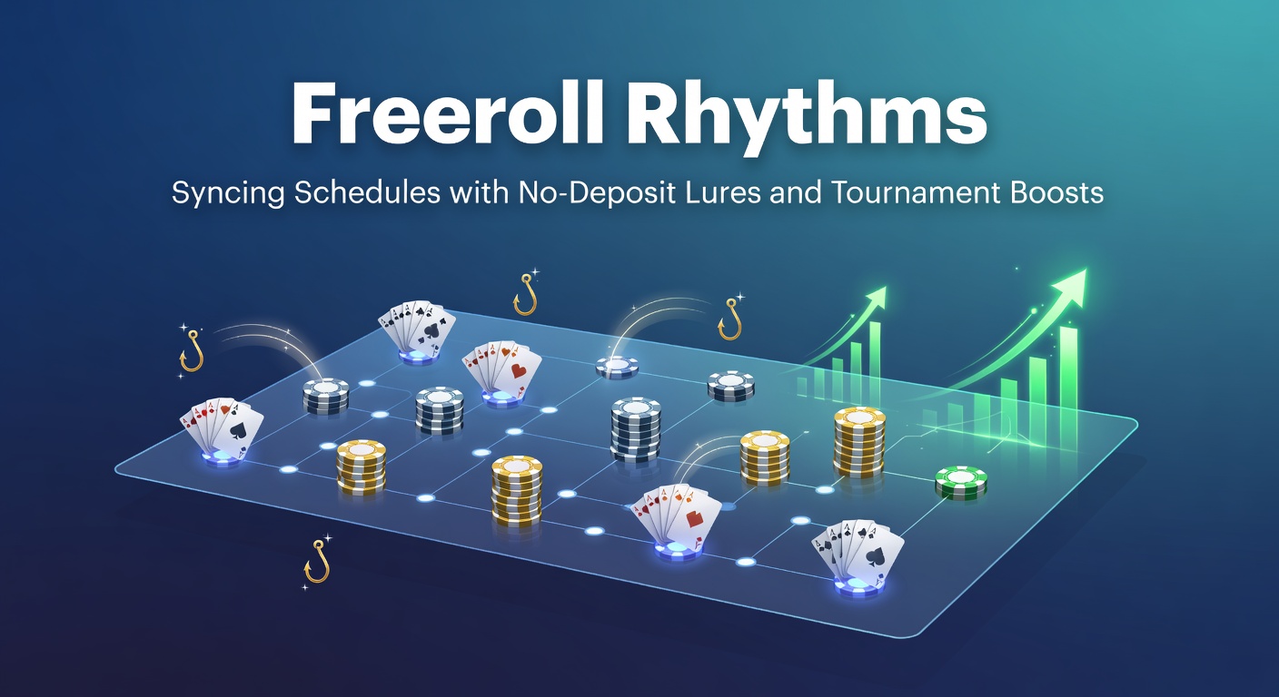 Poker-Spieler analysiert Freeroll-Zeitpläne auf mehreren Bildschirmen, während Turnier-Boosts im Hintergrund leuchten