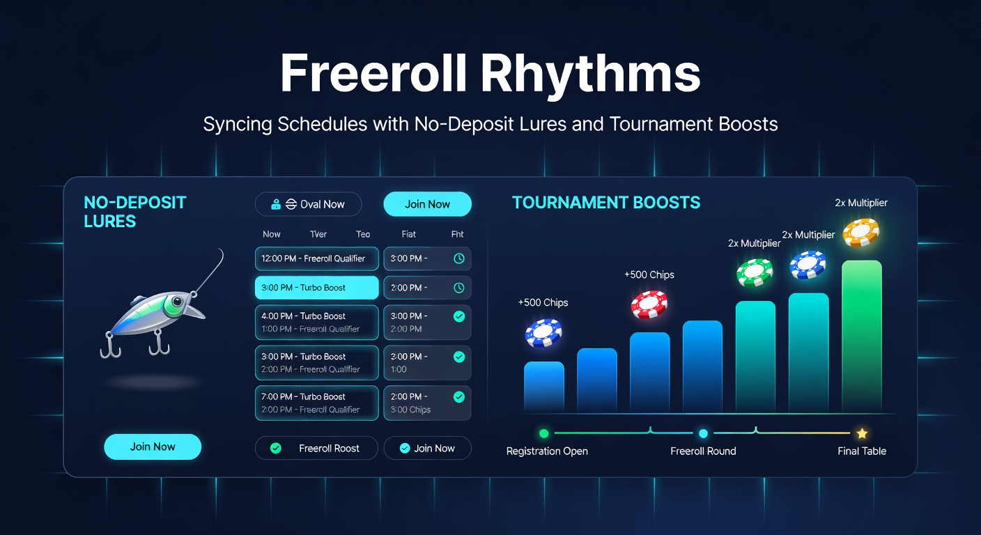 Kalender mit markierten Freeroll-Terminen und Boost-Icons, umgeben von Poker-Chips und Uhren