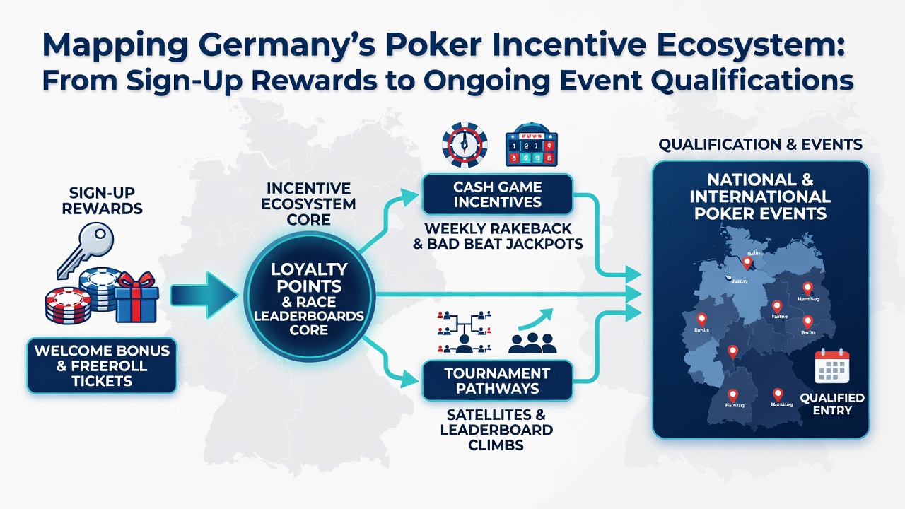 Übersicht über das Poker-Incentive-Ökosystem in Deutschland mit Fokus auf Anmeldeprämien und Turnierpfade