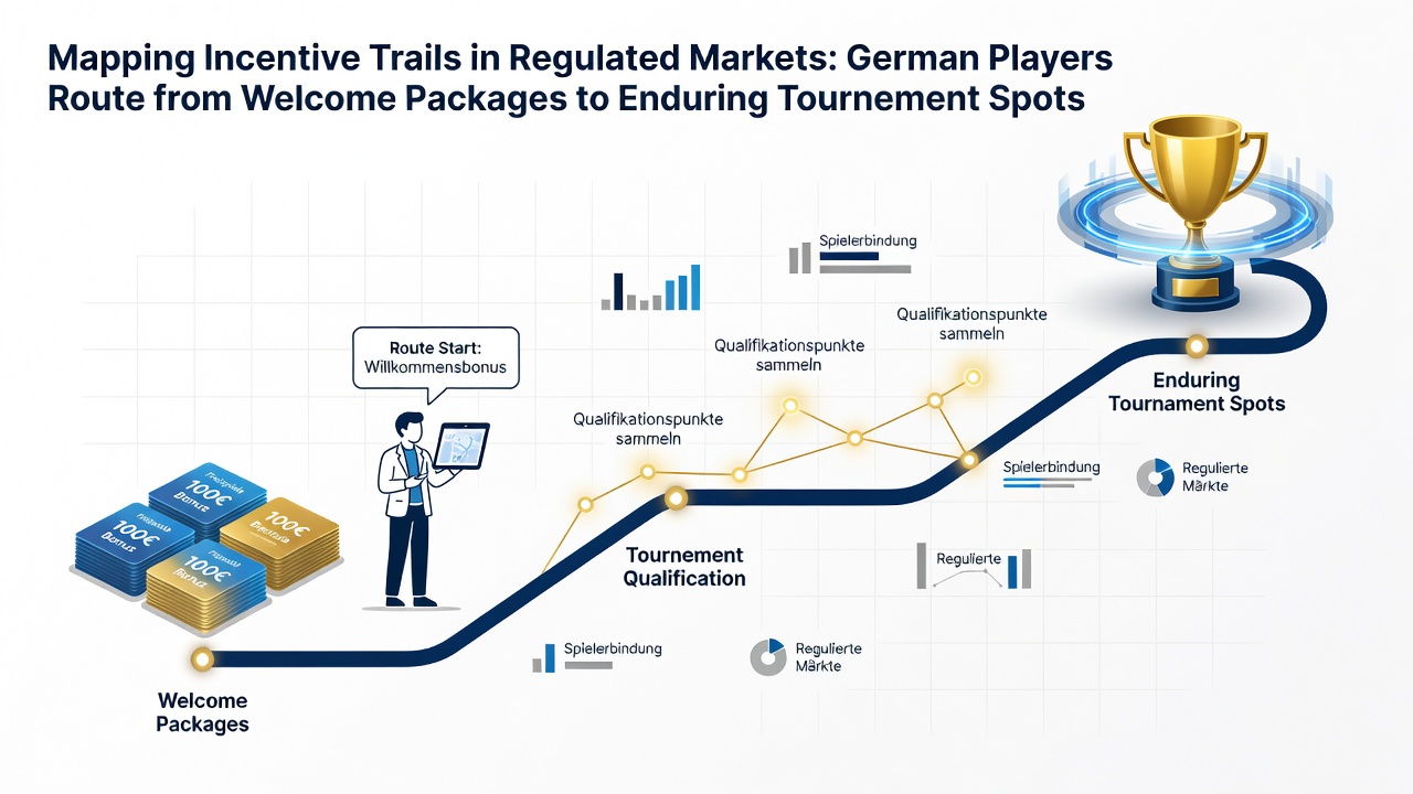Karte der Anreizpfade zeigt den Weg deutscher Pokerspieler von Willkommenspaketen zu Turnierplätzen in regulierten Märkten