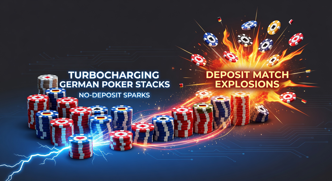 Grafik zeigt explodierende Poker-Chips mit No-Deposit- und Deposit-Match-Symbolen vor deutscher Flagge
